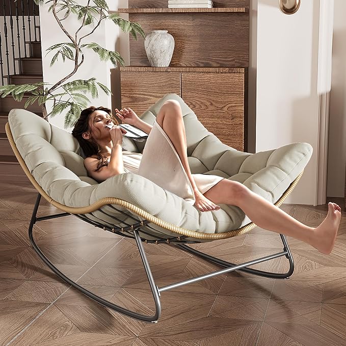 Outdoor Rocking Chair, Indoor Papasan Chair, Oversized Egg Rocking Chair with Thick Cushion, Rattan Wicker Rocker Lounge Chair for Bedroom, Living Room, Patio, Garden, Porch (Light Grey)