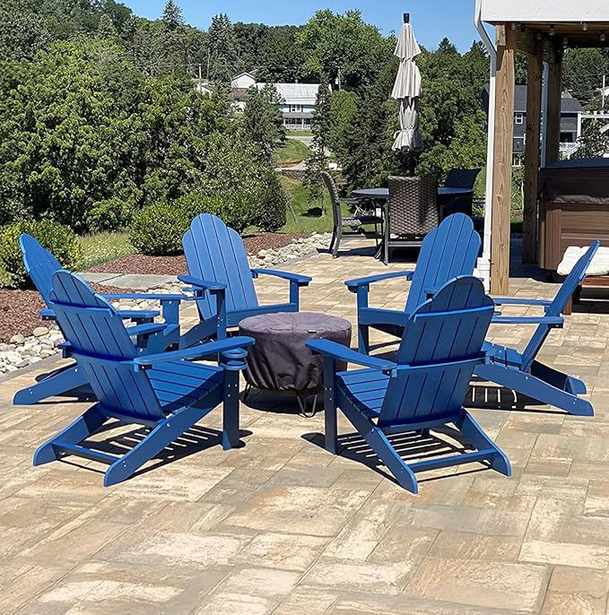 LUE BONA HDPS Adirondack Chairs Set of 6, Fire Pit Outdoor Chair Weather Resistant with Cup Holder, Modern Plastic Chair Plastic for Patio, Deck, Proch, 350LBS, Navy Blue