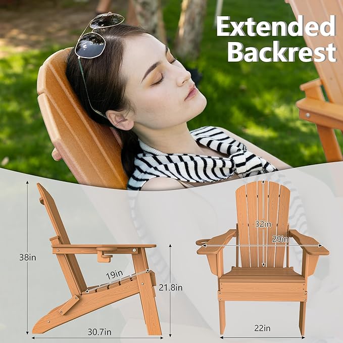Plawdlik Folding Adirondack Chair, SGS Tested, Wooden Textured with Cup Holder, Heavy All-Weather HDPE Comfortable Set Poolside Backyard Lawn Teak Set 4