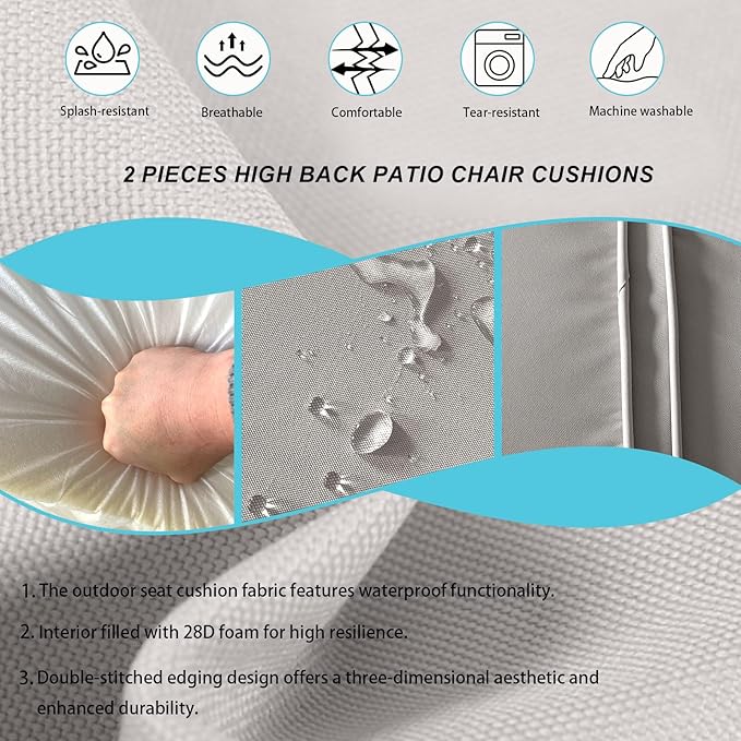 2 Pieces High Back Patio Chair Cushions, Fade Resistant Outdoor Rocking Chair Cushions, Office Chair Back Support Cushion (Off-White, Seat (21''x21''x3'')+Backrest (21''x28''x3''))
