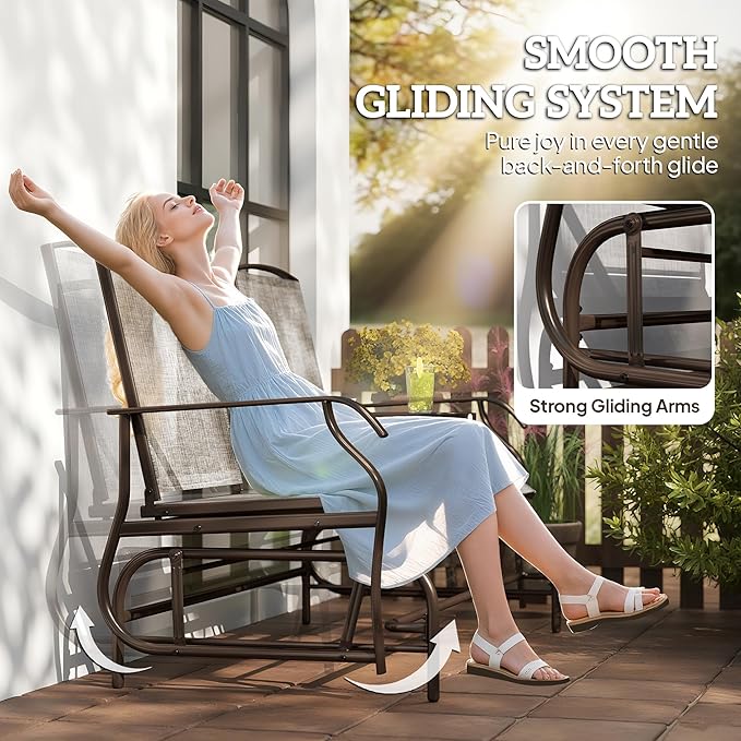 Outsunny Outdoor Glider Bench with Center Table, Metal Frame Patio Loveseat with Breathable Mesh Fabric and Armrests for Backyard Garden Porch, Brown