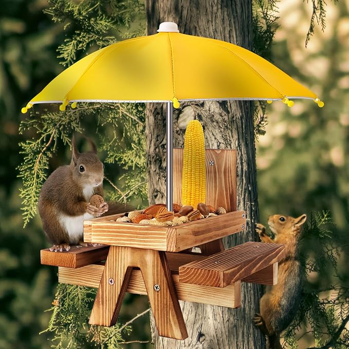 Gnodary Squirrel Feeder with Umbrella, Squirrel Feeders for Outside, Squirrel Picnic Table Feeder - Chipmunk Feeder Hold Corn, Corn Cob, Peanuts (Yellow)