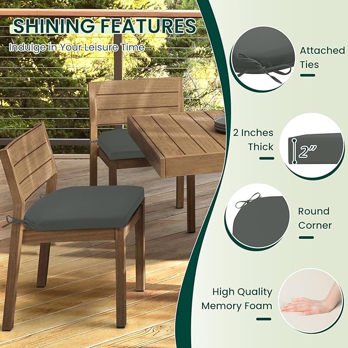 HARBOREST Outdoor Chair Cushions Set of 6, Water Resistant Patio Chair Cushions with Ties, Outdoor Seat Cushions for Patio Furniture, 17"x16"x2", Dark Grey