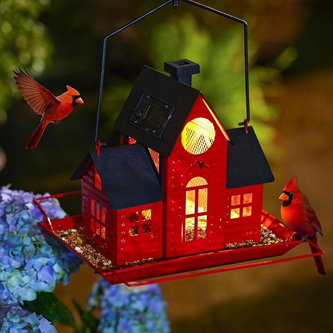 Solar Bird Feeders for Outdoors Hanging,Metal Cardinal Bird House Feeder with Solar Powered Lantern Light,Wild Cardinal Birdfeeder Waterproof Decor for Garden Yard Outside,Gift for Grandma Mom