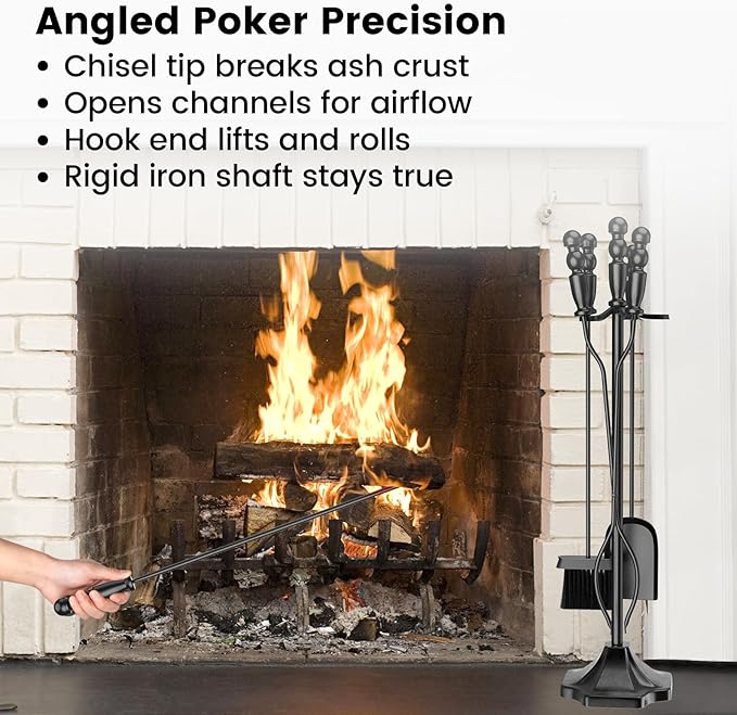 GameXcel 5PC Fireplace Tools Set - Fireplace Accessories Tool Set with Stand - 32" Wrought Iron Heavy Duty - Indoor Outdoor Fire Pit Wood Stove Hearth - Poker Tongs Shovel Brush - Black