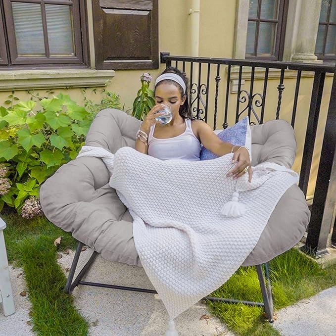 Rocking Papasan Chair, Oversized Outdoor Rocking Chair Rattan Rocking Chair with Deep Seat Thick Cushion, Patio Rocking Chair for Indoor/Porch/Garden (Light Grey & Black)