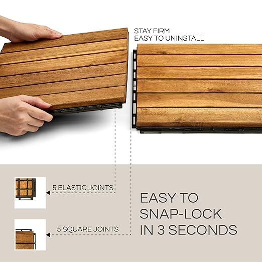 30 Pcs Deck Tiles, Patio Flooring - Outdoor Waterproof Acacia Wood Tiles for All Weather Use - Balcony, Backyard, Indoor & Outdoor (Golden Teak Striped Pattern, 30 Square Ft)