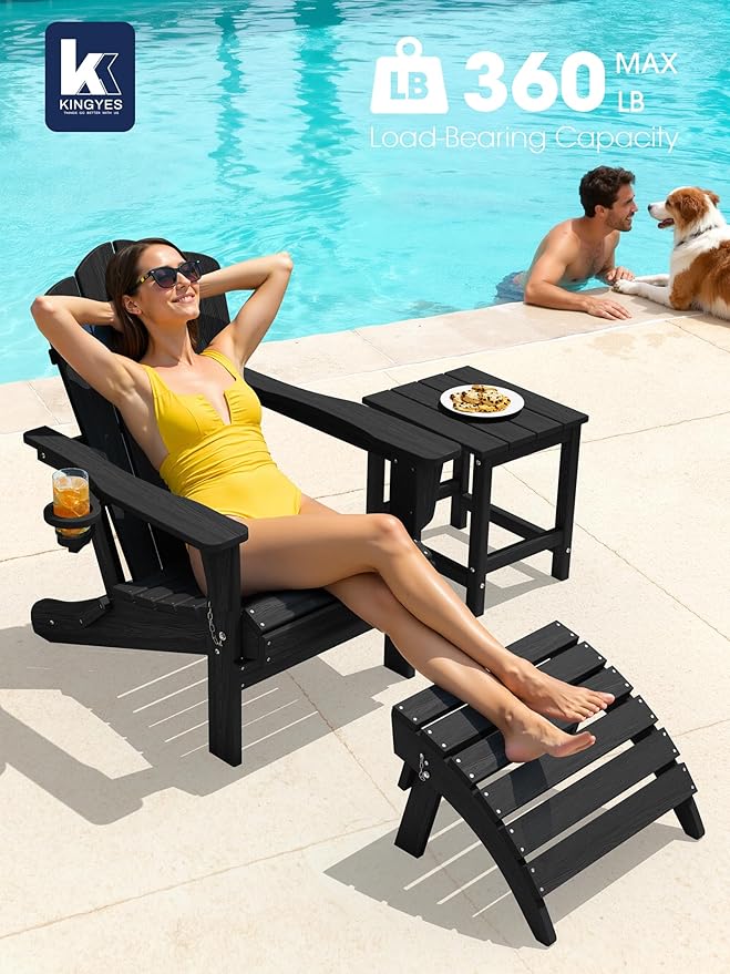 KINGYES Folding Adirondack Chair Set of 2, HDPE All-Weather Patio Chairs with Cup Holder, Wooden Textured Fire Pit Chairs for Poolside, Backyard, Deck, Black