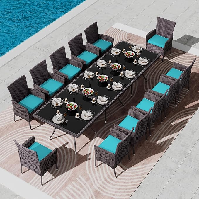 Kullavik 15-Piece Outdoor Dining Set Patio Rattan Furniture Set,Patio Dining Table and Chairs Set with 12 Chairs and Cushions,Square Glass Tabletop with Umbrella Hole for Patio,Backyard,Garden,Blue