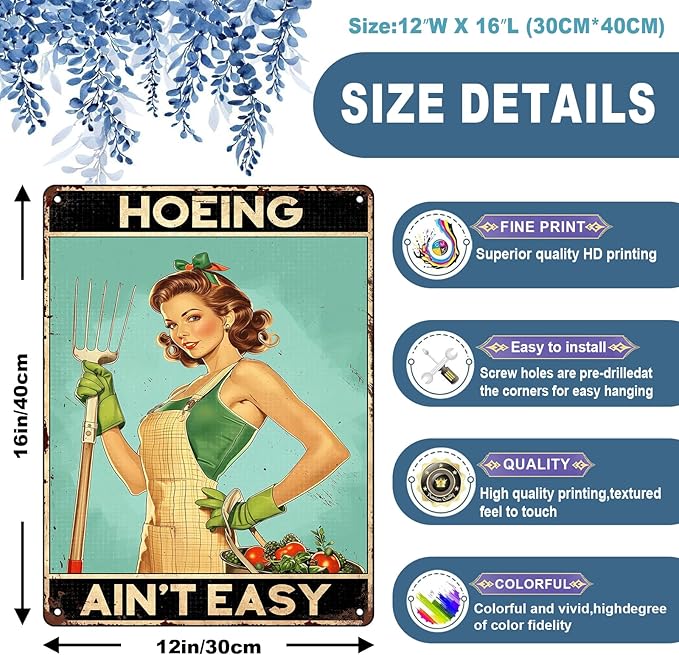 Garden Sign Hoeing Ain't Easy Gardening Retro Metal Sign for Home Living Bedroom Room Kitchen 12 x 16 Inch