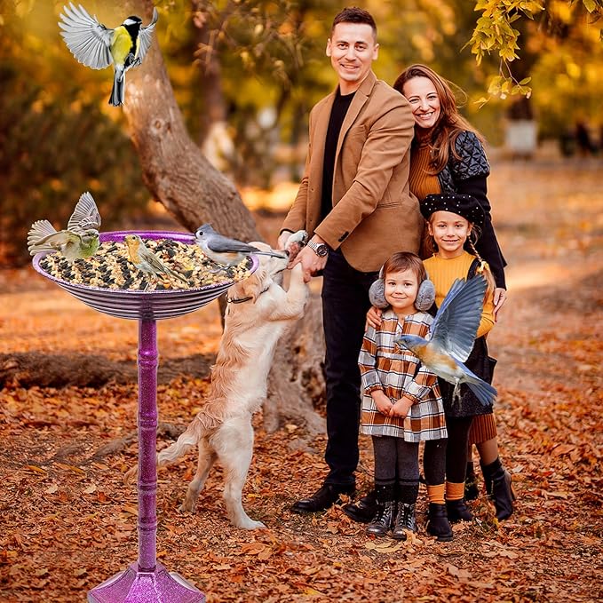 Metal Bird Bath for Outdoors, 28.4" Freestanding Garden Metal Birdbaths with Stable Upgrades Stake, Easy to Clean Birdfeeder for Outside Garden Yard Lawn Decor(Gradient Purple)