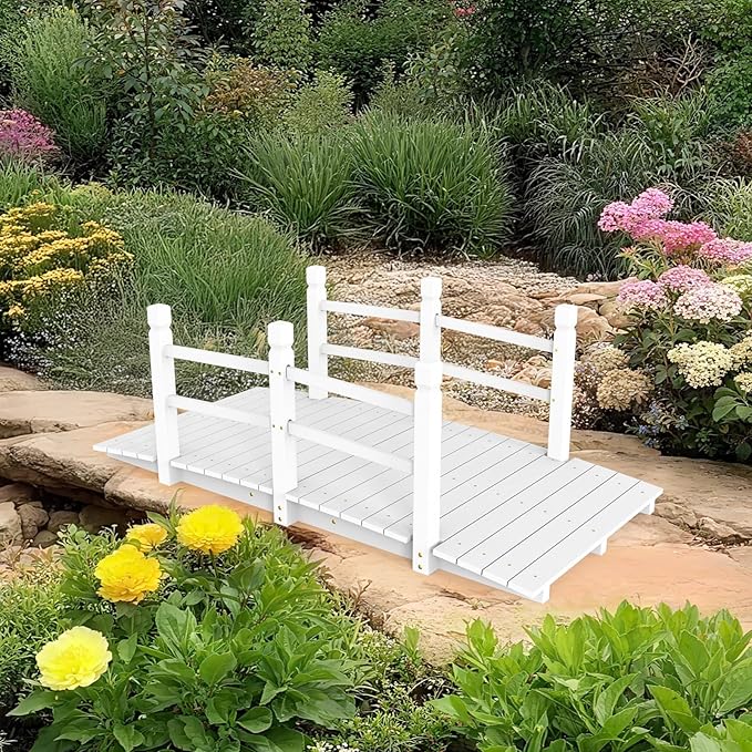 VINGLI Garden Bridge, Classic Wooden Bridge with Safety Rails, Decorative Arched Footbridge (White, 5 ft)