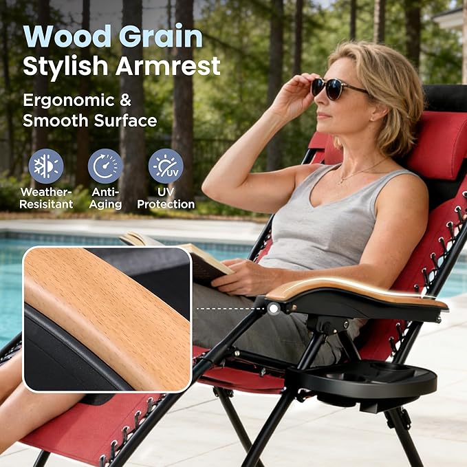 PHI VILLA XXL Oversized Padded Zero Gravity Chair, Foldable Patio Recliner, 30" Wide Seat Anti Gravity Lounger with Cup Holder, Support 400 LBS (Red)