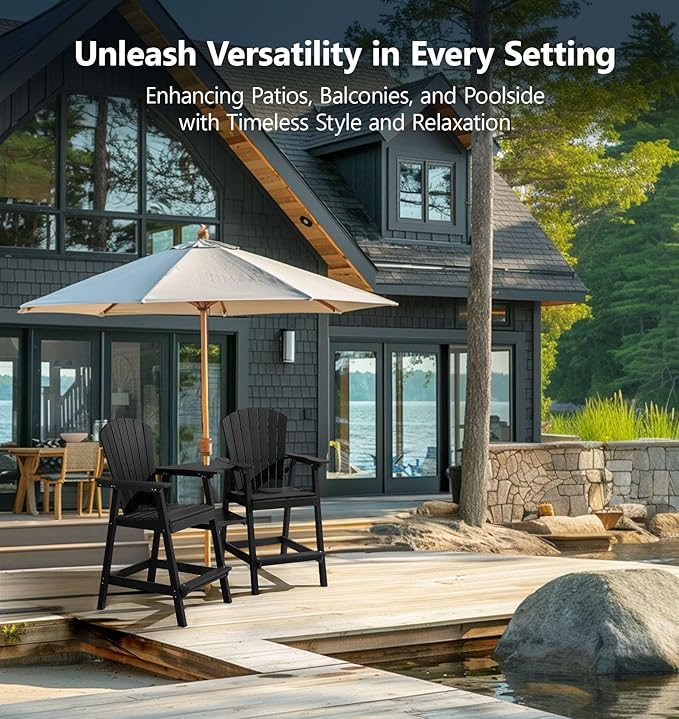 PASAMIC Tall Adirondack Chairs Set of 4, All-Weather HDPE Patio Chairs with Double Connecting Trays, Bar Height Heavy-Duty Outdoor Chairs for Garden, Backyard, Balcony, Black