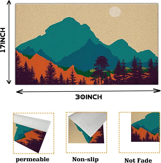 Nogrit Abstract Boho Green Mountain Woodland Forest Nature Landscape Waterproof Door Mat Outdoor Entrance 17x30 Inch Non-Slip Doormat for Bohemian Home Front Door Porch Outdoor Indoor Decorations
