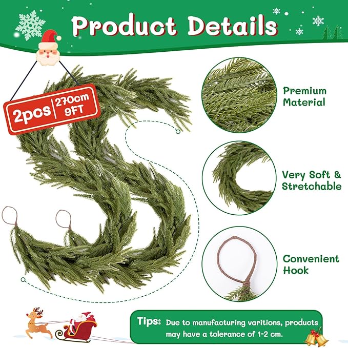 Findosom 2PCS 9Ft Christmas Norfolk Pine Garland, Real Touch Artificial Winter Green Pine Garland for Mantle, Wall, Fireplace, Stairs, Table, Indoor & Outdoor Christmas Decorations