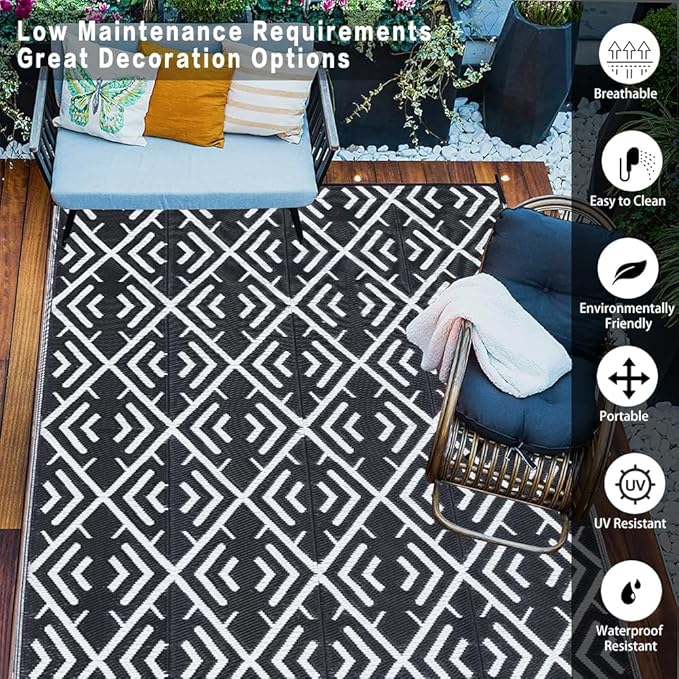 HUGEAR RV Outdoor Rug Waterproof Mat Outdoor Rugs 9'x12' for Patios Clearance Carpet Outdoor Camping Rugs Large Plastic Straw Rug(8x10ft Geometric Black&White)