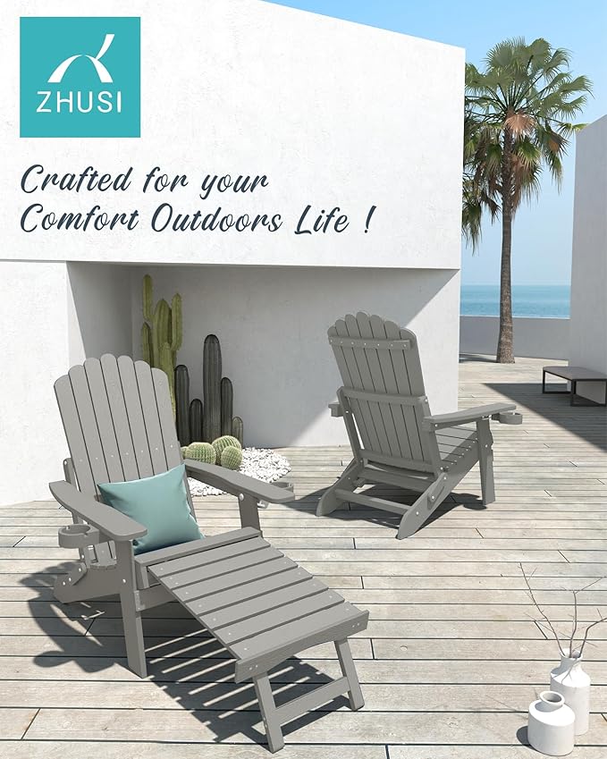 ZHUSI Folding Adjustable Adirondack Chair with Retractable Ottoman, Adirondack Chair with 2 Cup Holders, Outdoor Chairs for Porch Patio Lawn Balcony Weather Resistant (Grey, 1 pcs)