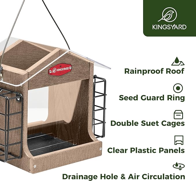 Kingsyard Hopper Bird Feeder for Outdoor Hanging - Recycled Plastic Double Suet Cages Wild Bird Feeder with Metal Mesh Tray and Rainproof Roof, 2.5 LBS Large Capacity. Brown