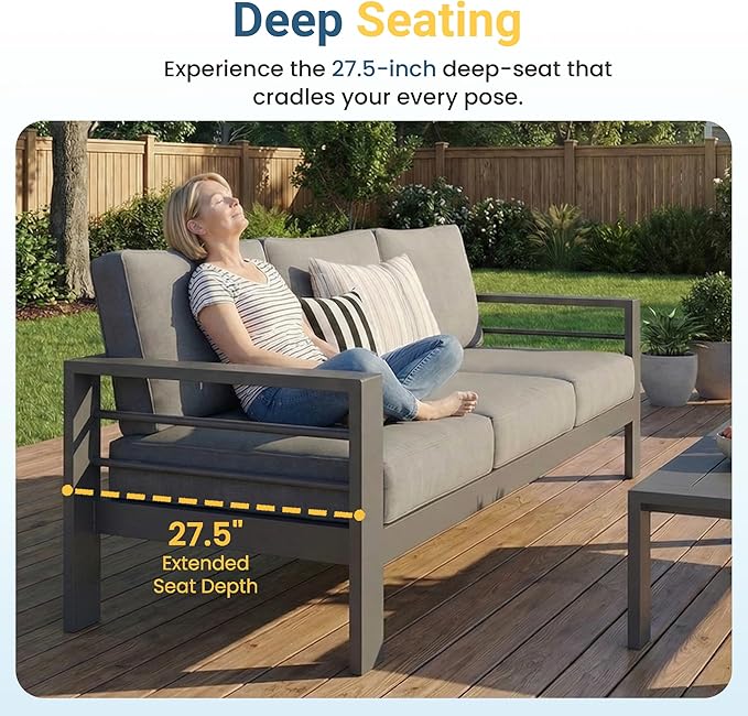 Wisteria Lane Aluminum Outdoor Patio Furniture Set, Modern Patio Conversation Sets, Outdoor Sectional Metal Sofa with 5 Inch Cushion and Coffee Table for Balcony, Garden, Dark Grey