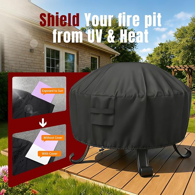 SHINESTAR Fire Pit Cover Round, Fits for 32-36 Inch Fire Pit Table, 600D Heavy Duty Fabric, Waterproof and Windproof, 36" D x 20" H, Black