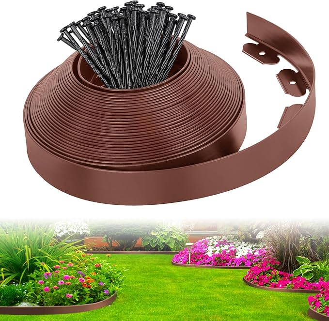 2-Inch x 33 FT Landscape Edging Border with 50 Spikes, No Dig Garden Edging Lawn Edging Border Kit, Plastic Edging Border Flexible for Garden Flower Beds Lawn Yard Pathway (Brown)