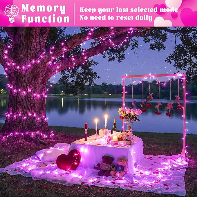 66FT 200 LED Outdoor String Lights, Connectable Pink Valentines Lights Waterproof with 8 Modes, Plug in Twinkle Fairy Lights Clear Wire for Indoor Bedroom Home Wedding Patio Patry Decorations