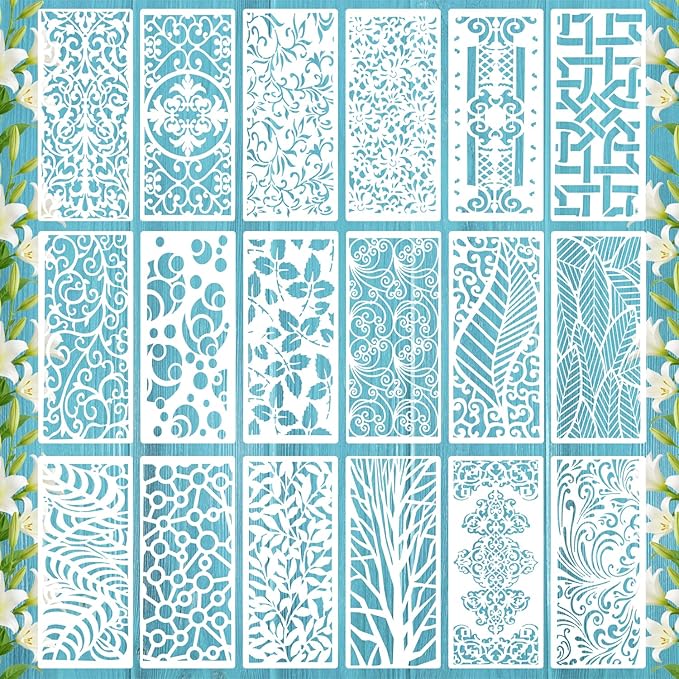 18 PCS 12 x 5.2 Inch Mixed Stencils, Plant Leaf Floral Texture Templates for Painting on Wood, Texture Background Stencil Set for Rock Wood Canvas Airbrush Drawing Furniture Card Tile Home DIY Craft