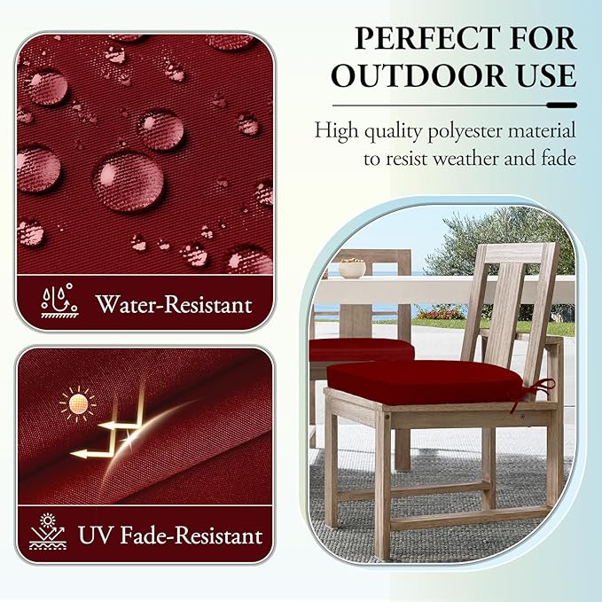 Wellsin Outdoor Chair Cushions for Patio Furniture - Patio Chair Cushions Set of 2 - Water Resistant Round Corner Outdoor Seat Cushions 17"X16"X2", Burgundy