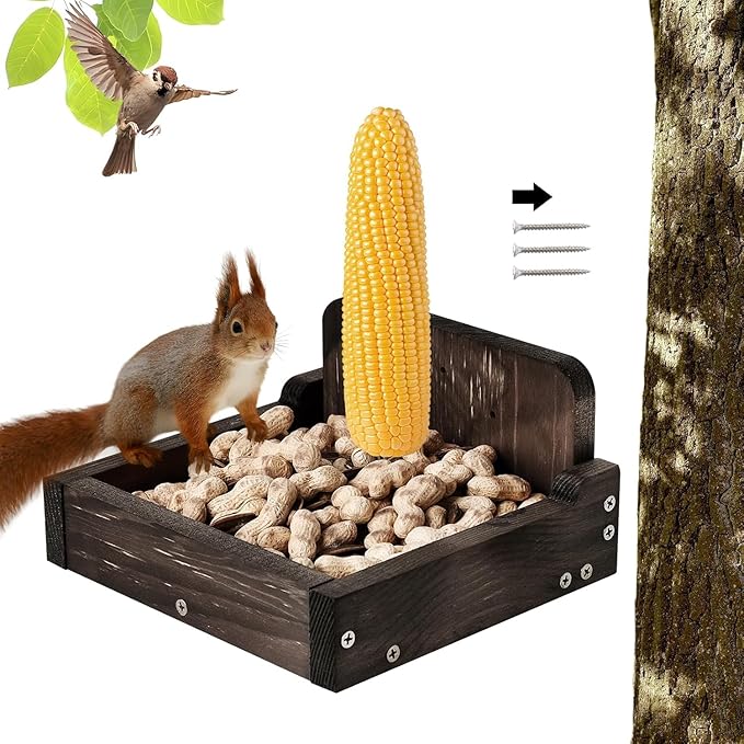 Durable Squirrel Feeder Outside, Squirrel Feeders for Outdoors, Chipmunk Feeder for Patio, Lawn, Garden, Squirrel Food for Backyard Squirrels Holds Corn Cobs, Peanut (Dark Brown, Medium)