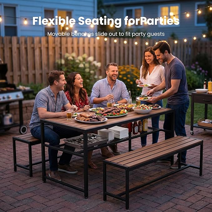Outdoor Dining Set, 55" Picnic Table with Umbrella Hole & Storage Shelf, 3-Piece Set with 2 Movable Benches, All-Weather HDPE & Metal Frame for Backyard, Deck, Patio, BBQs & Garden
