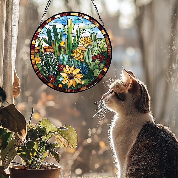 Stained Glass Window Hanging Green Cactus with Yellow Flowers 6.3" - Suncatcher Door Garden Sun Catcher Home Decor Birthday Christmas for Mom Men Woman Friend Nana