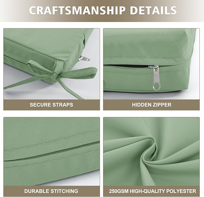 Outdoor Bench Cushion Waterproof 45"x18" – Fade-Resistant Patio Furniture Cushion with Ties for Porch Swing, Loveseat, or Indoor Bench Replacement, Sage Green