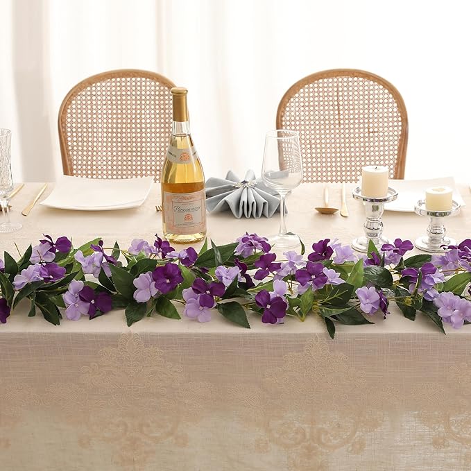 Floweroyal 4 Pack Artificial Flower Garlands 15.8FT Fake Impatiens Vines Silk Flowers Hanging Impatien Ivy for Wedding Arch Party Home Garden Wall Decor (Purple)