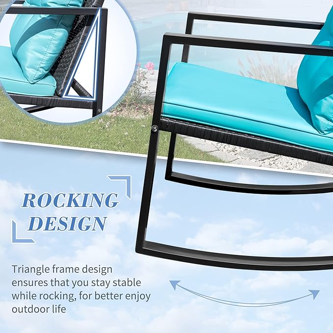 Flamaker Patio Chairs 3 Piece Wicker Rocking Chair Outdoor Bistro Sets with Coffee Table and Cushions Metal Frame Patio Furniture for Porch, Balcony, Lawn (Blue)