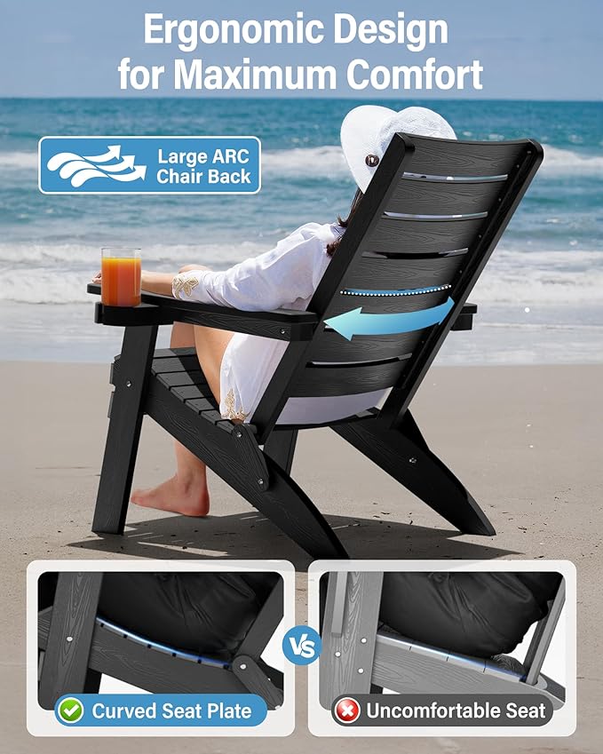 YEFU Adirondack Chair, Folding Adirondack Chairs with Arc Back & Cup Holder, Weather Resistant Plastic Oversized Chair for Outdoor Patio Lawn Garden Backyard Deck Fire Pit, Black