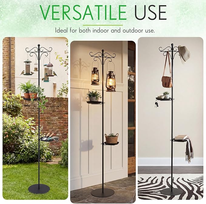1 Set Upgraded 75.9" Shepherds Hook for Bird Feeder, Hanging Plant Wind Chime Stand, Metal Adjustable Standing Pole Holder for Indoor Outdoor, with 2 Rack & Weight Bag (Retro 2 Hooks)