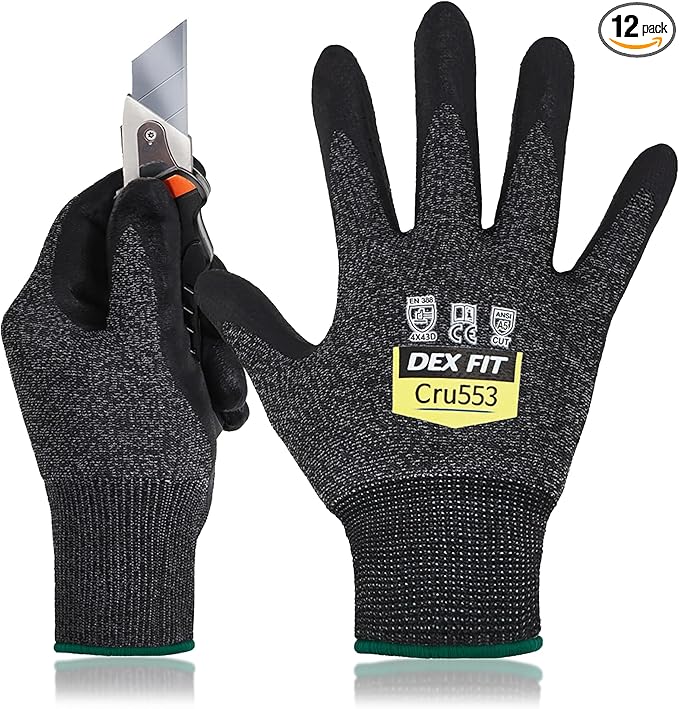 DEX FIT Level 5 Cut Resistant Gloves Cru553, 3D-Comfort Stretchy Fit, Power Grip, Professional Grade, Thin, Touch-Screen Compatible, Durable, Machine Washable; Black Gray M (8) 12 Pairs