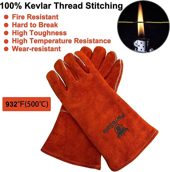 Welding Gloves 14 Inches, 932℉ Heat Fire Resistant Leather Welding Gloves for Tig/Mig/Stick, Mitts for BBQ/Oven/Grill/Fireplace/Furnace/Stove/Animal Handling Gloves with Soft Lining (Red)