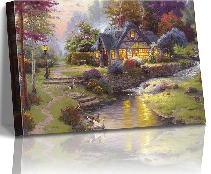 STUDIO HAVEN Thomas Kinkade Canvas Wall Art, Riverfront Cottage Stream with Ducks Stone Path Flower Garden Warm Lights Oil Painting Poster Rustic Wall Decor, Framed Prints for Home Decor, 16x12Inch