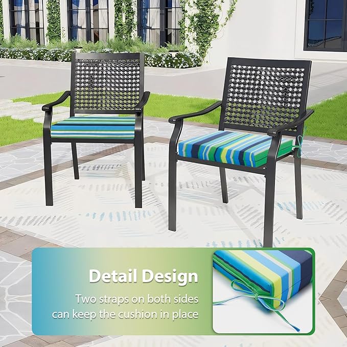 Outdoor Chair Cushions Set of 2, 18.5 x 16 Inch Patio Chair Cushions, Water Resistant, Non-Slip Ties (Blue & Green Pinstripe)