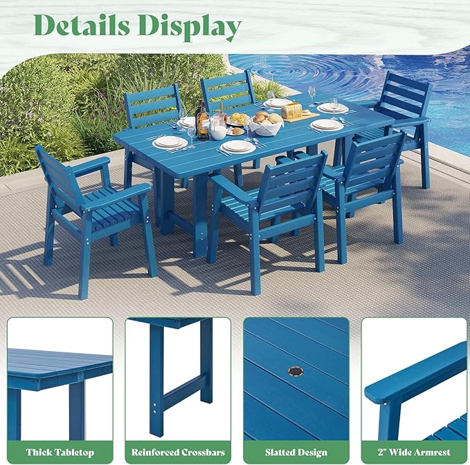 AMERLIFE 7-Piece HDPE Outdoor Dining Set with Umbrella Hole, 71" L Patio Table and Chairs Set for 6, Modern Garden Dining Set for Backyard, Poolside, Porch, Blue