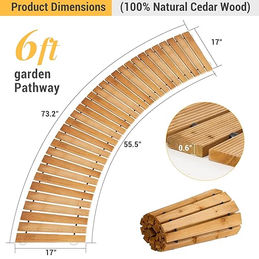 6FT Curved Wooden Garden Pathway Walkway Outdoor Roll Out Decorative Garden Non-Slip Patio Path Decorative Boardwalk Outdoor Road Floor for Backyard Beach Wedding Party