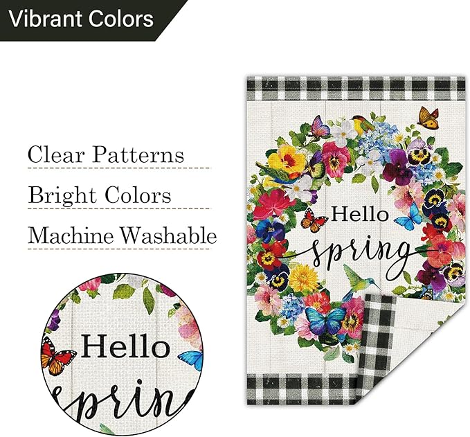 Louise Maelys Hello Spring Garden Flag Pansy Flower Butterfly Double Sided 12x18 Inch Floral Plaid Seasonal Welcome Small Burlap Holiday Yard Sign Outdoor Outside Home Decor