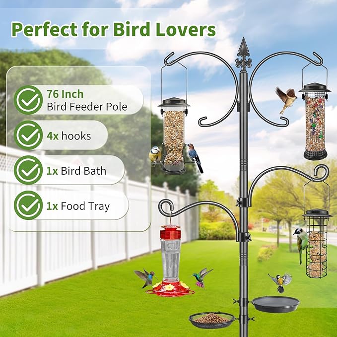 Bird Feeder Pole, 76 Inch Bird Feeding Station, Heavy Duty Shepherd Hooks for Outdoors Hanging Birds Feeders, 4 Hook Hummingbird Feeder Stand with Birds Bath, Mesh Tray