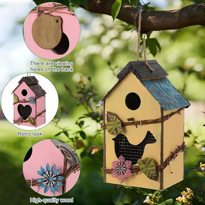 2 Pcs Decorative Birdhouse for Yard Outside Hanging Wooden Birdhouse Hand Painted Bird Box for Bird Lovers Bluebird Tree Swallow Wild Chickadee Garden Decor(Pink,Yellow,Iron Roof)
