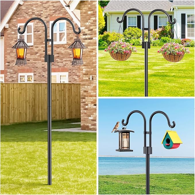 Relx Bird Feeder Pole - Adjustable Double Shepherds Hooks for Bird Feeder with 5 Prong Base - 76 Inch Heavy Duty Shepherds Hooks for Outdoor for Outside for Hanging Garden Plant,Solar Light Lanterns
