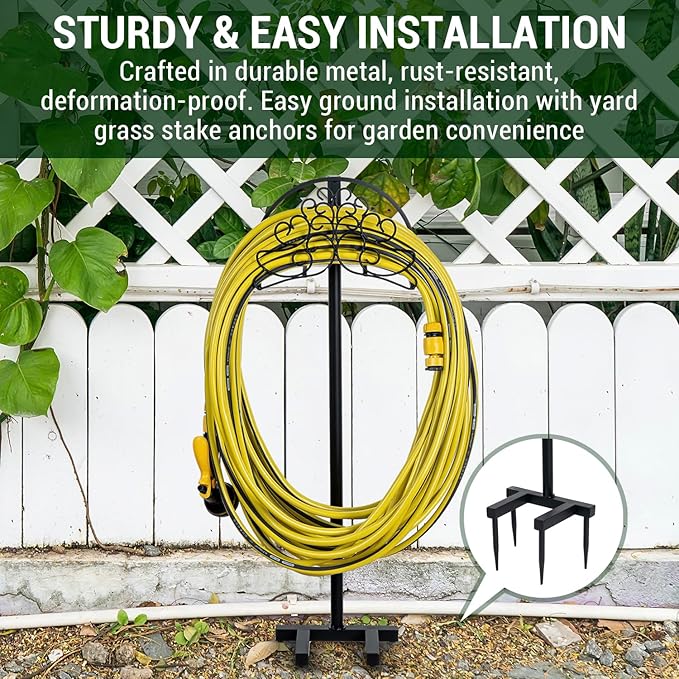 MyGift Vintage Scrollwork Design Matte Black Metal Outdoor Garden Hose Holder, 3.5 Foot Tall Freestanding Rack with Ground Yard Grass Stake Anchors