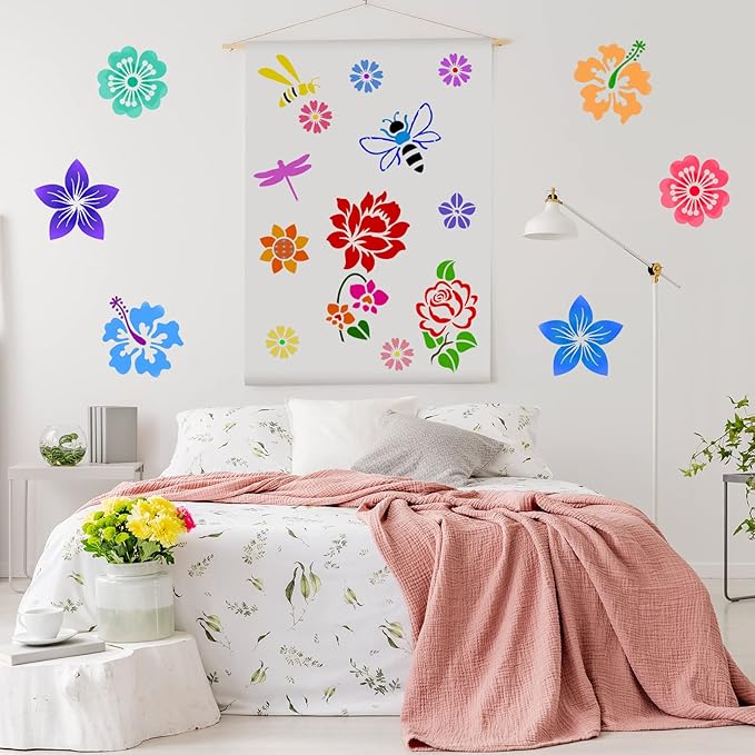 Zonon 16 Pieces Stencils for Painting, Reusable Large Butterfly Hummingbird Sunflower Stencil with Metal Open Ring, DIY Craft Templates for Spring Summer Wood Wall Canvas Home Decor(5.1 x 5.1 Inch)