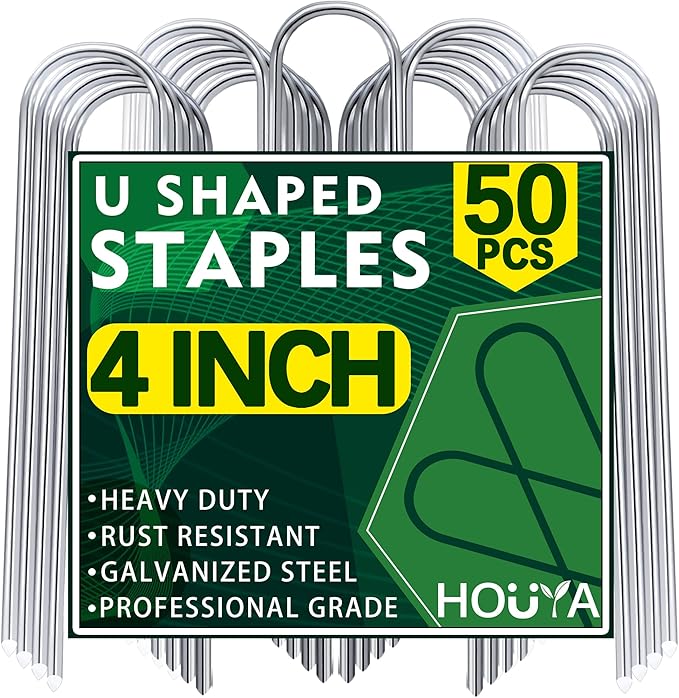 50 Pack Garden Stakes 4 Inch U-Shaped Drip Irrigation Stakes Galvanized Landscape Staples Garden Pins Yard Lawn Ground Stakes for Soaker Hose Drip Line Tubing Landscape Fabric Weed Barrier